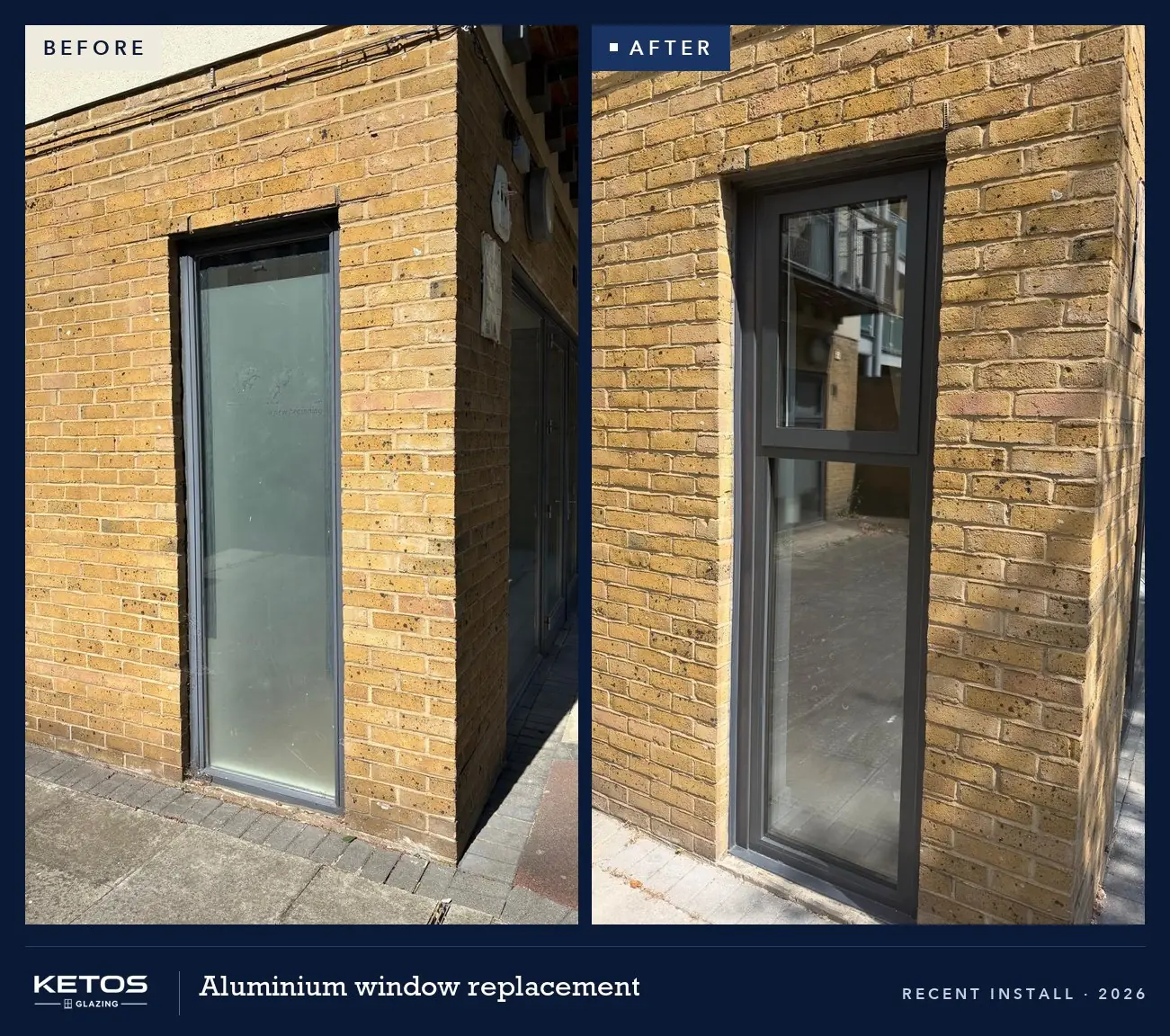 Tall aluminium window before and after